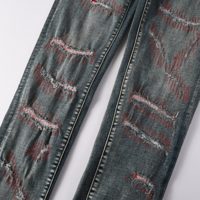 Purple Red Distressed Patch Jeans